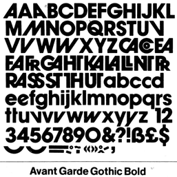 Letraset showing of Avant Garde Gothic Bold including ligatures and variants designed by Herb Lubalin