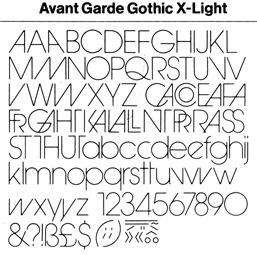 Letraset showing of Avant Garde Gothic Extra Light (X-Light) including ligatures and variants designed by Herb Lubalin