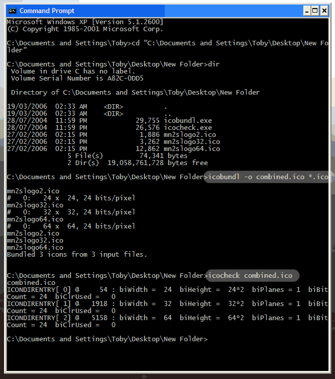 Screenshot: DOS session demonstrating icobundle